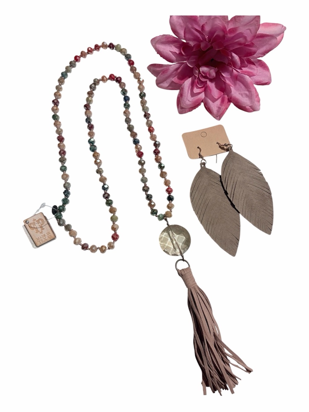 Boho Beaded Tassel Necklace with Taupe Feather Earrings - Pink Panache